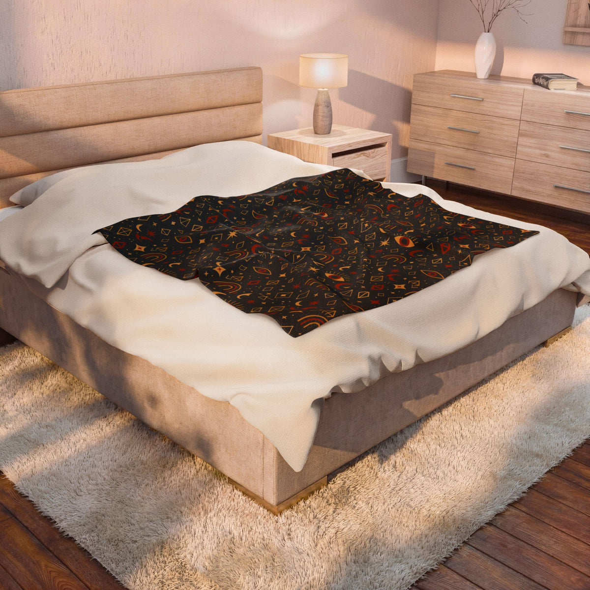 Boho Mystic Eye Velveteen Blanket, Rainbow Arc Symbols, Soft Plush Throw, Cozy Bedding, Home Décor, Gift for Her