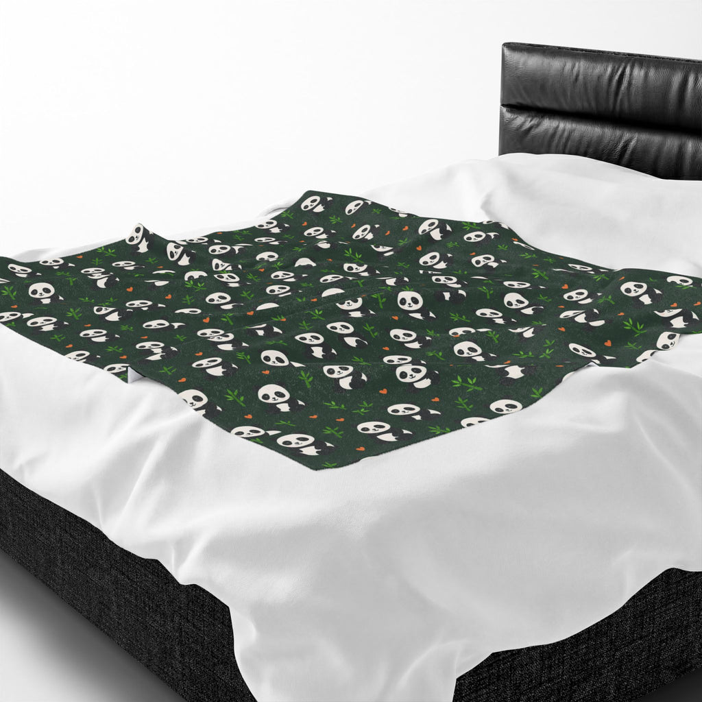 Panda Pattern Velveteen Plush Blanket | Green Skull Floral Repeat