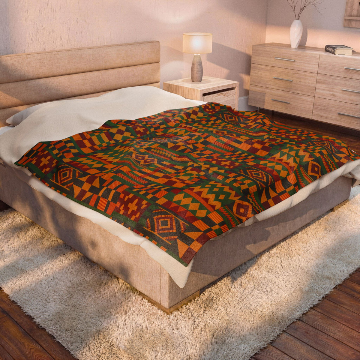 Kente Pattern Velveteen Plush Blanket | African Inspired Geometric Throw