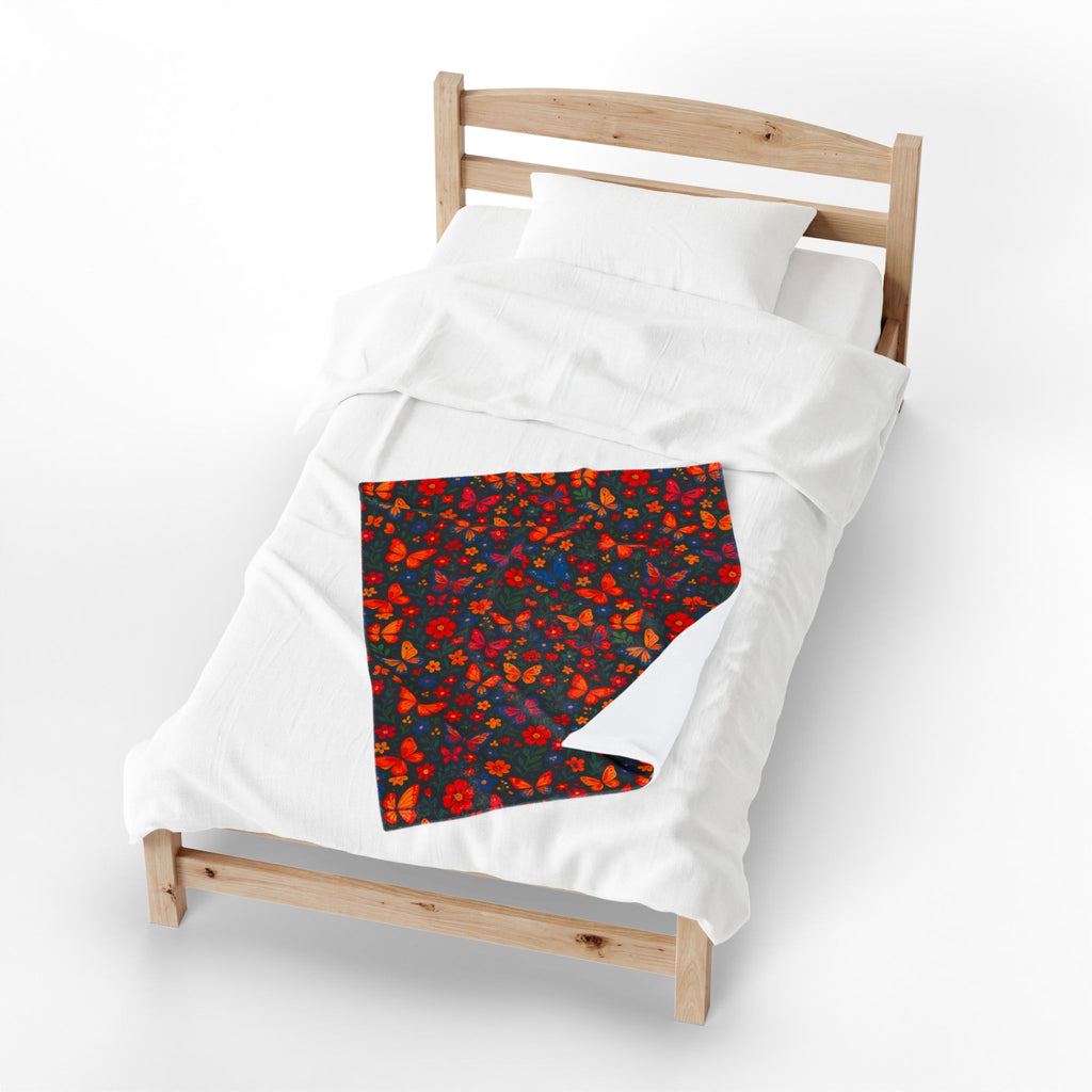 Autumn Butterflies Velveteen Plush Blanket | Fall Leaf Pattern, Cozy Throw Blanket, Fluttering Butterfly Bedding, Soft Autumn Lap Blanket,
