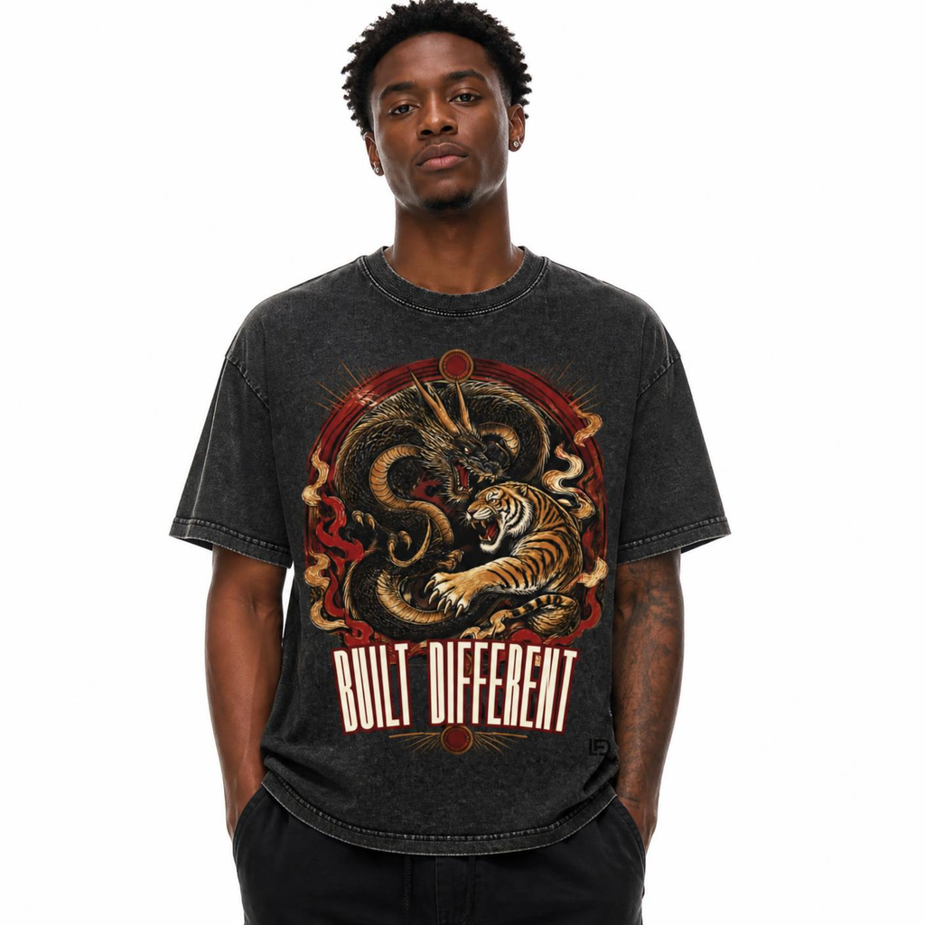 Dragon & Tiger Clash Snow Washed Oversized Cotton T-Shirt