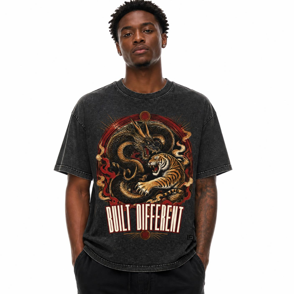 Dragon & Tiger Clash Snow Washed Oversized Cotton T-Shirt