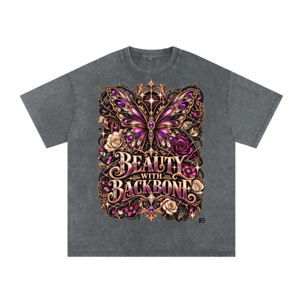 Beauty With Backbone – Snow Washed Oversized Cotton Graphic T-Shirt