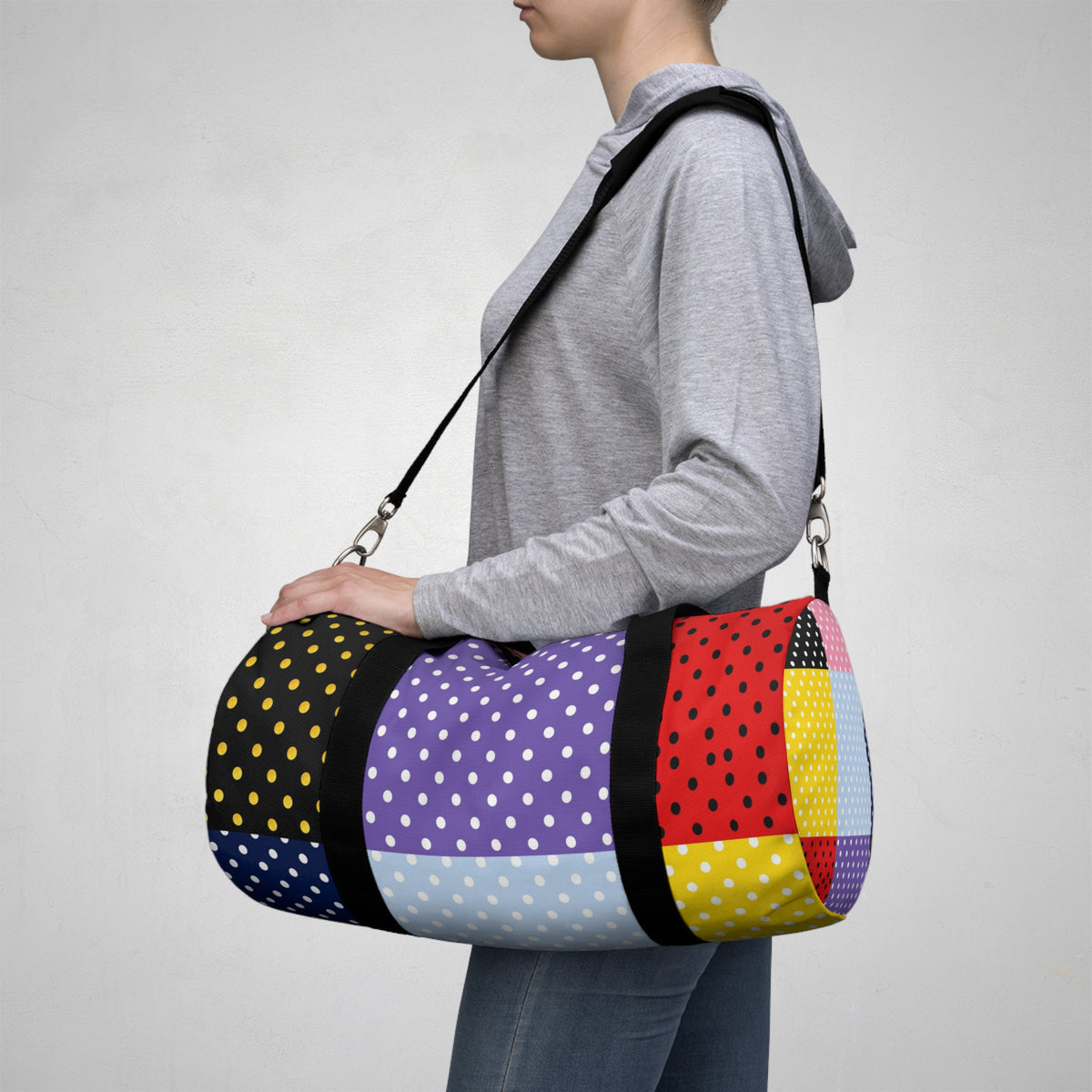 Polka Dot Patchwork Duffel Bag — Colorblock Travel & Gym Bag