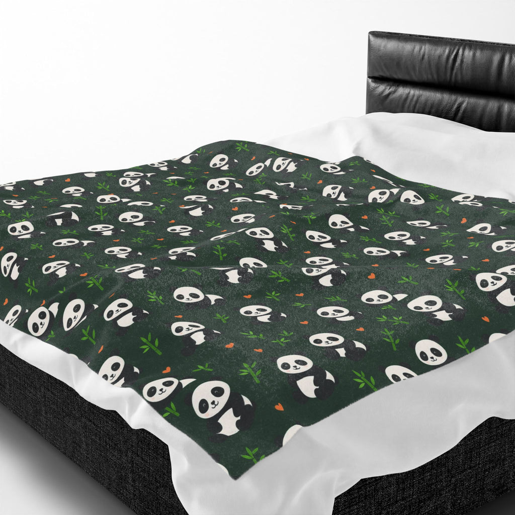 Panda Pattern Velveteen Plush Blanket | Green Skull Floral Repeat