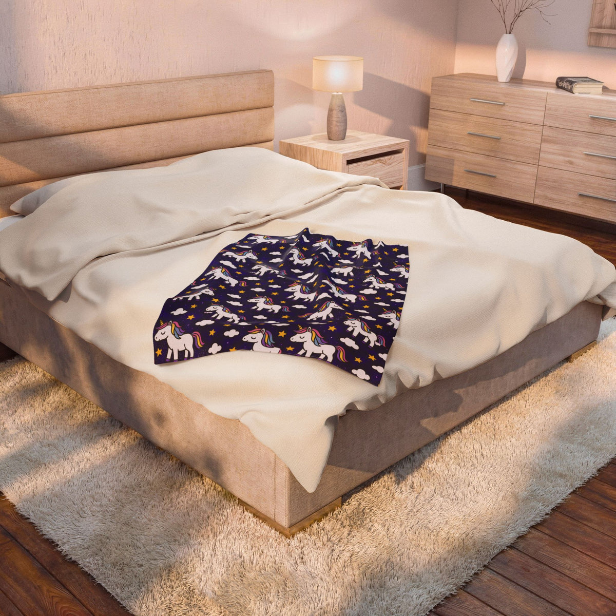 Cute Rainbow Unicorn Pattern Velveteen Plush Blanket | Navy Stars Clouds