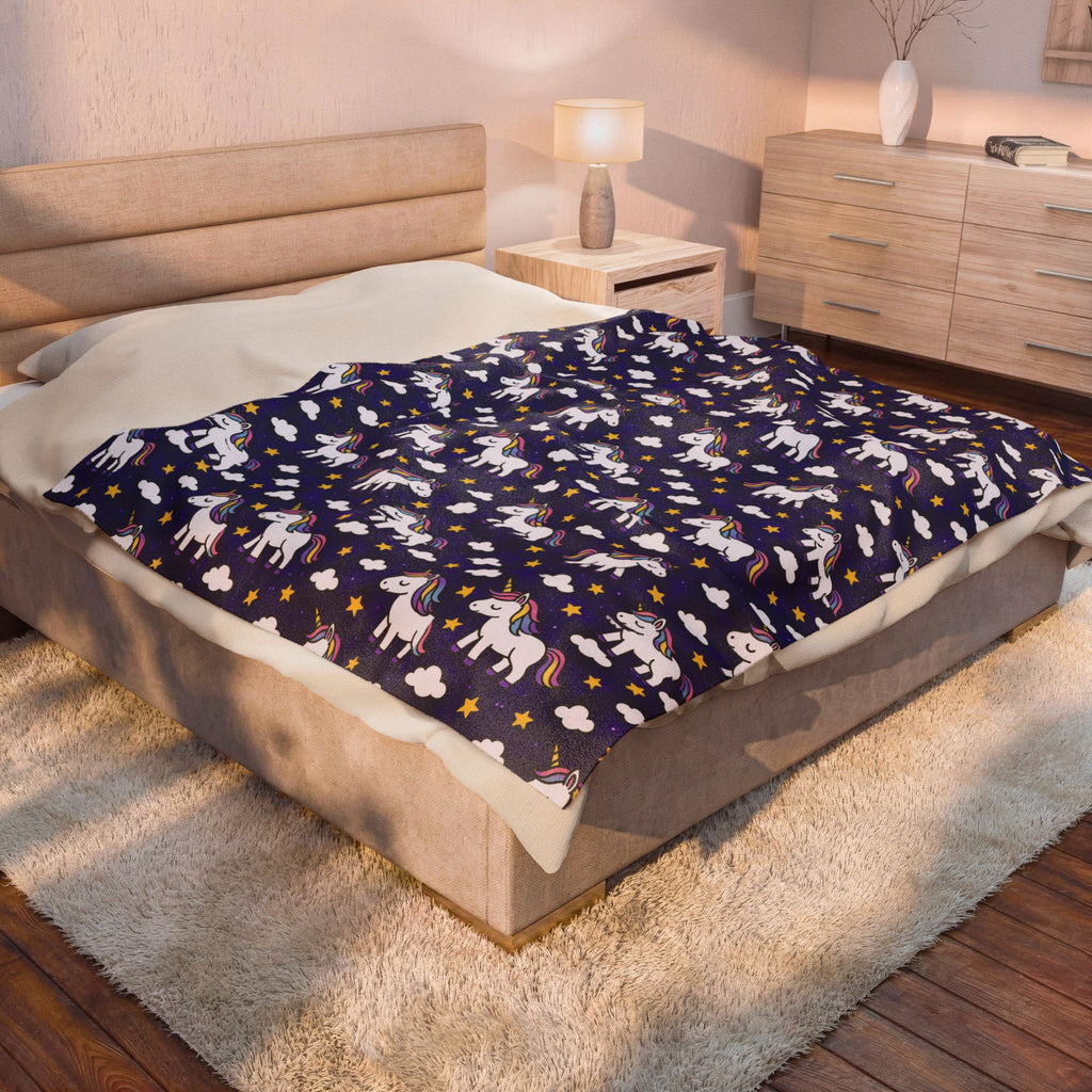 Cute Rainbow Unicorn Pattern Velveteen Plush Blanket | Navy Stars Clouds