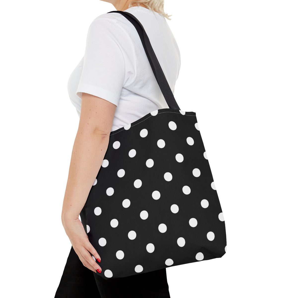 Black Polka Dot Tote Bag | White Dots on Black Background