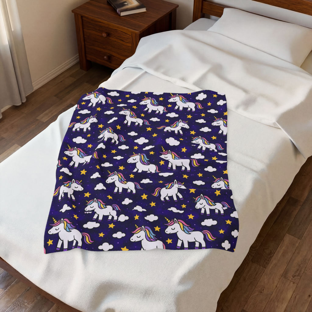 Cute Rainbow Unicorn Pattern Velveteen Plush Blanket | Navy Stars Clouds