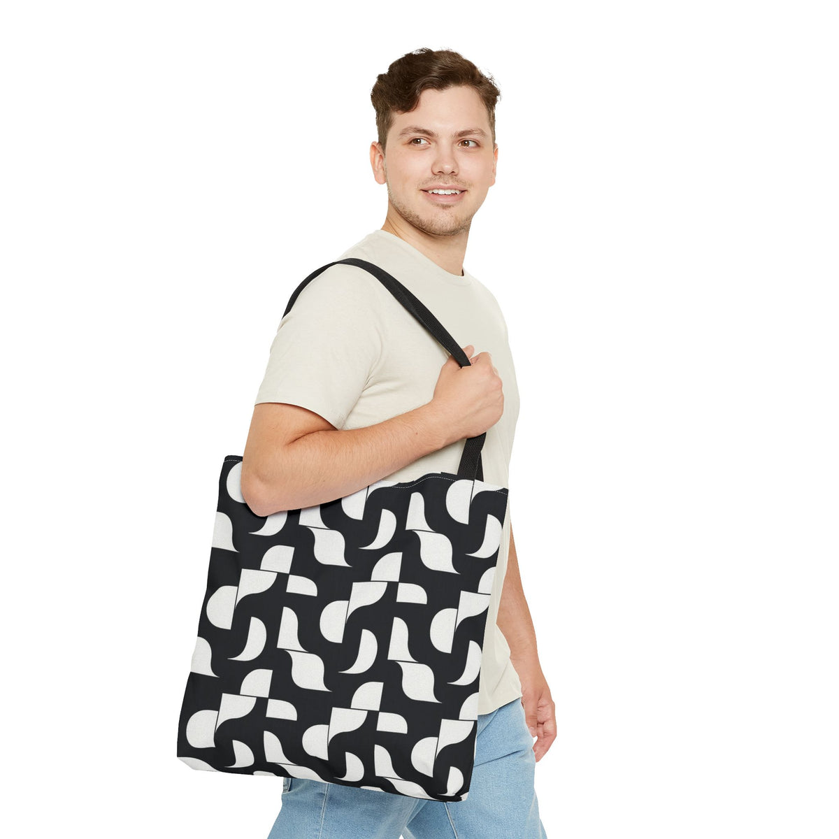Monochrome Geometric Tote Bag, Black and White Patterned Shopping Bag, Stylish Shoulder Bag, Reusable Grocery Tote, Eco-Friendly Carryall,