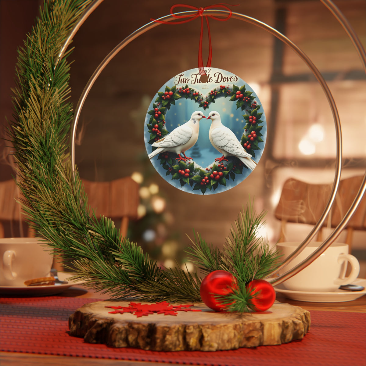 Metal Ornaments, Holiday Tree Decor, Christmas Decorations, Day 2 Two Turtle Doves Ornament, Festive Home Decor