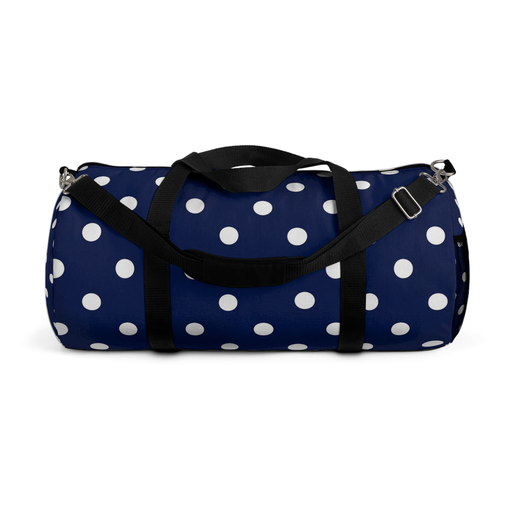 Navy Polka Dot Duffel Bag — Stylish Travel & Gym Tote