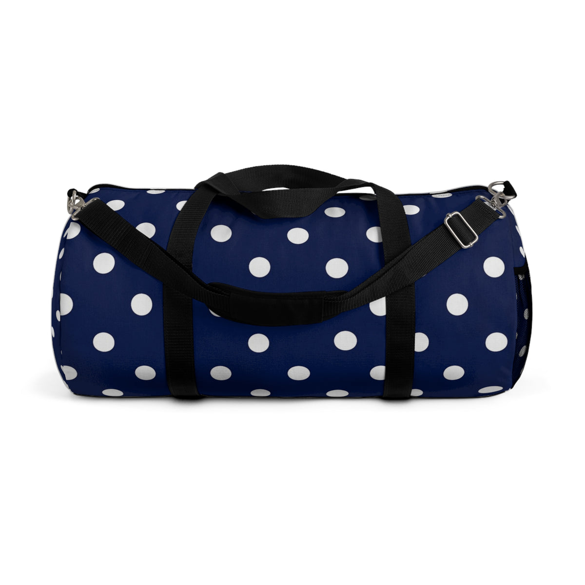 Navy Polka Dot Duffel Bag — Stylish Travel & Gym Tote