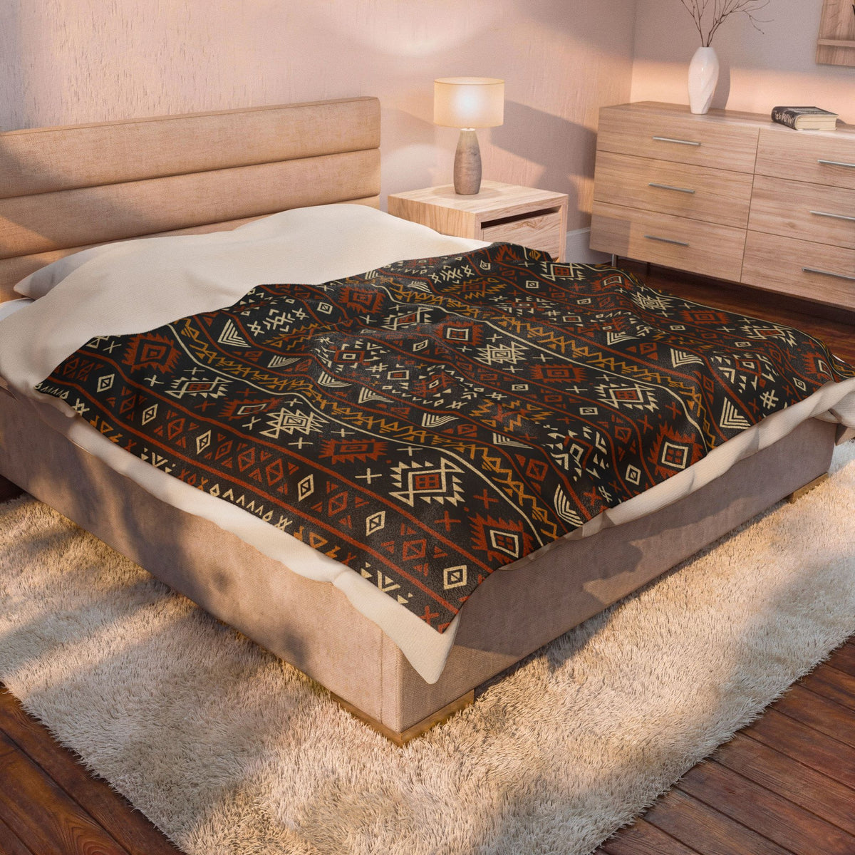 Southwestern Aztec Pattern Velveteen Plush Blanket | Rustic Tribal Stripes