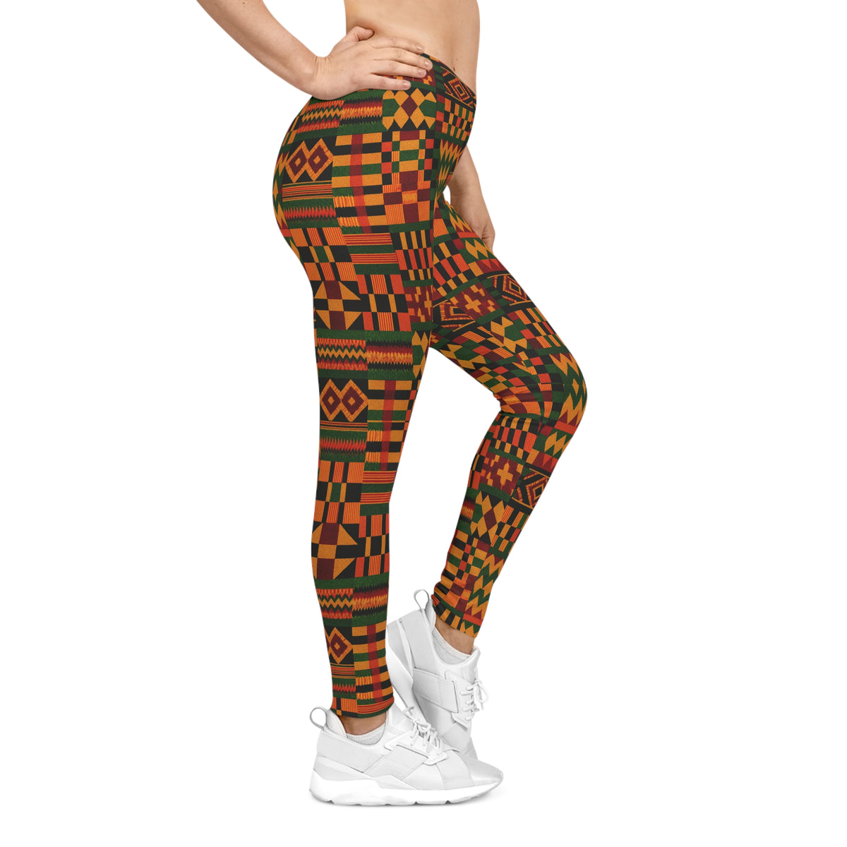 Kente Print Leggings, African Print Yoga Pants, Women's Stretchy Leggings, Ethnic Pattern Athleisure Wear, Colorful Workout Tights