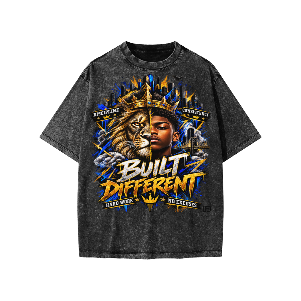 Kids & Teens Built Different: Crowned Duality Snow Washed Oversized Cotton T-Shirt