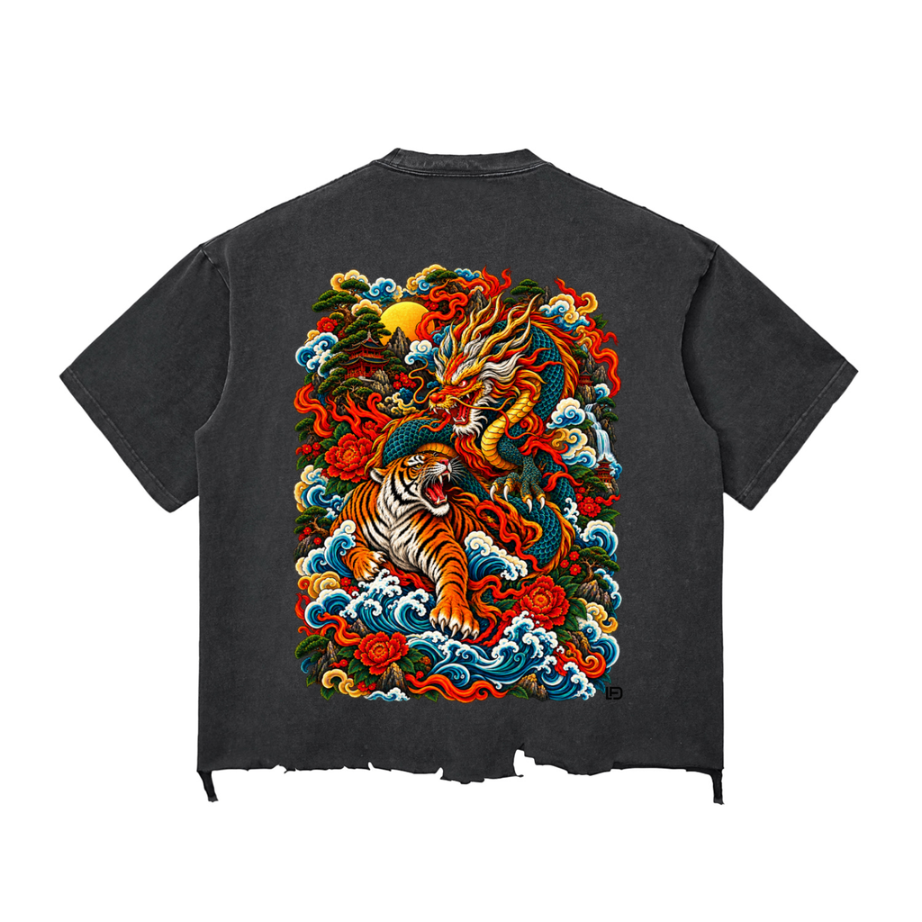 Dragon and Tiger Mythic Clash Snow Wash Raw-Hem Boxy T-Shirt