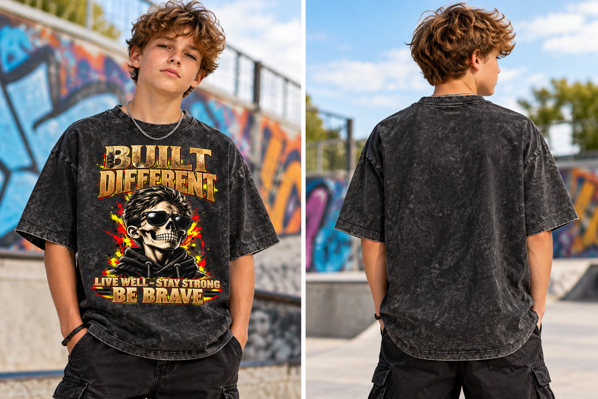 Kids & Teens Built Different: Live Well, Stay Strong, Be Brave Snow Washed Oversized Cotton T-Shirt