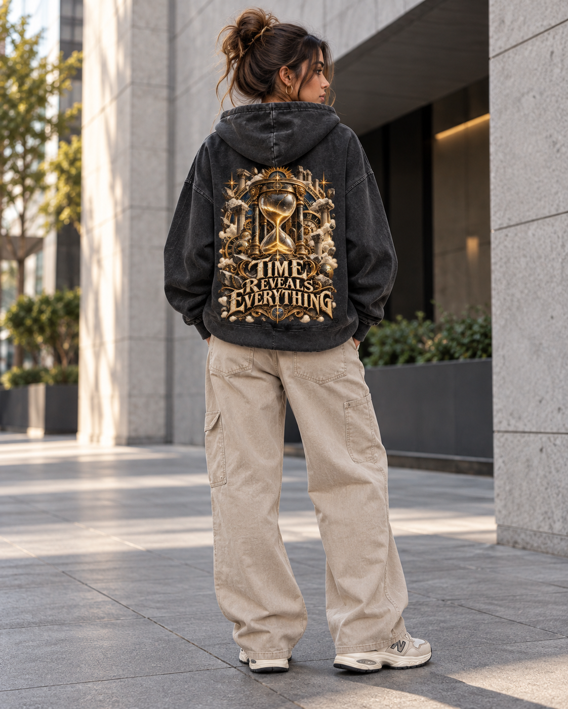 Time Reveals Everything - Snow Washed Loose Cotton Graphic Hoodie