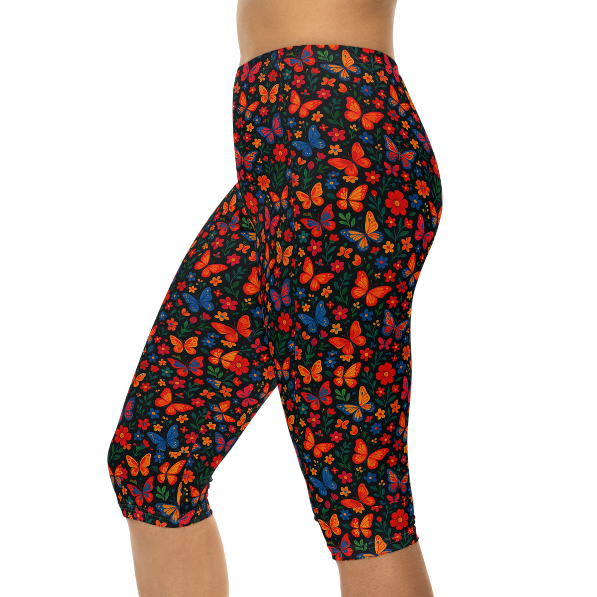 Colorful Butterfly Floral Capri Leggings | Bright All-Over Print