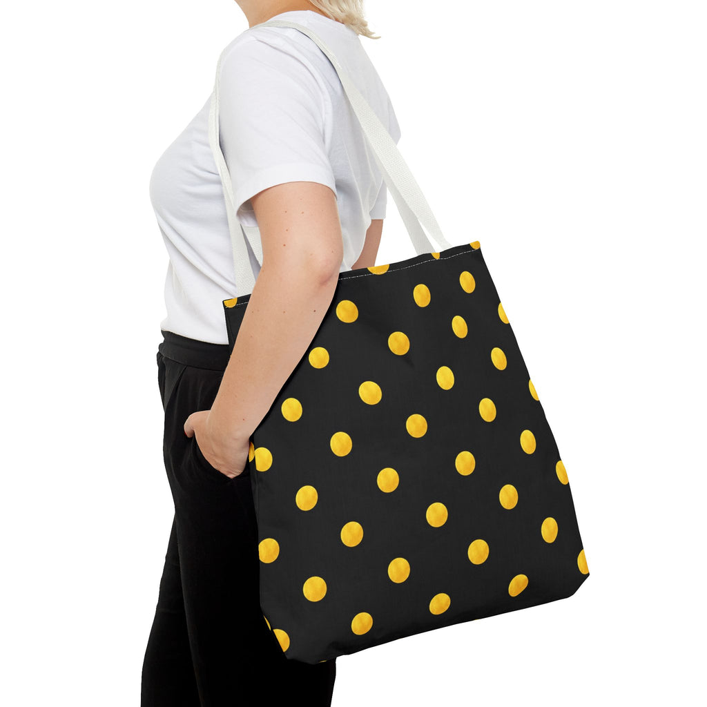 Gold Polka Dot Tote Bag | Black Background, Metallic Spot Pattern