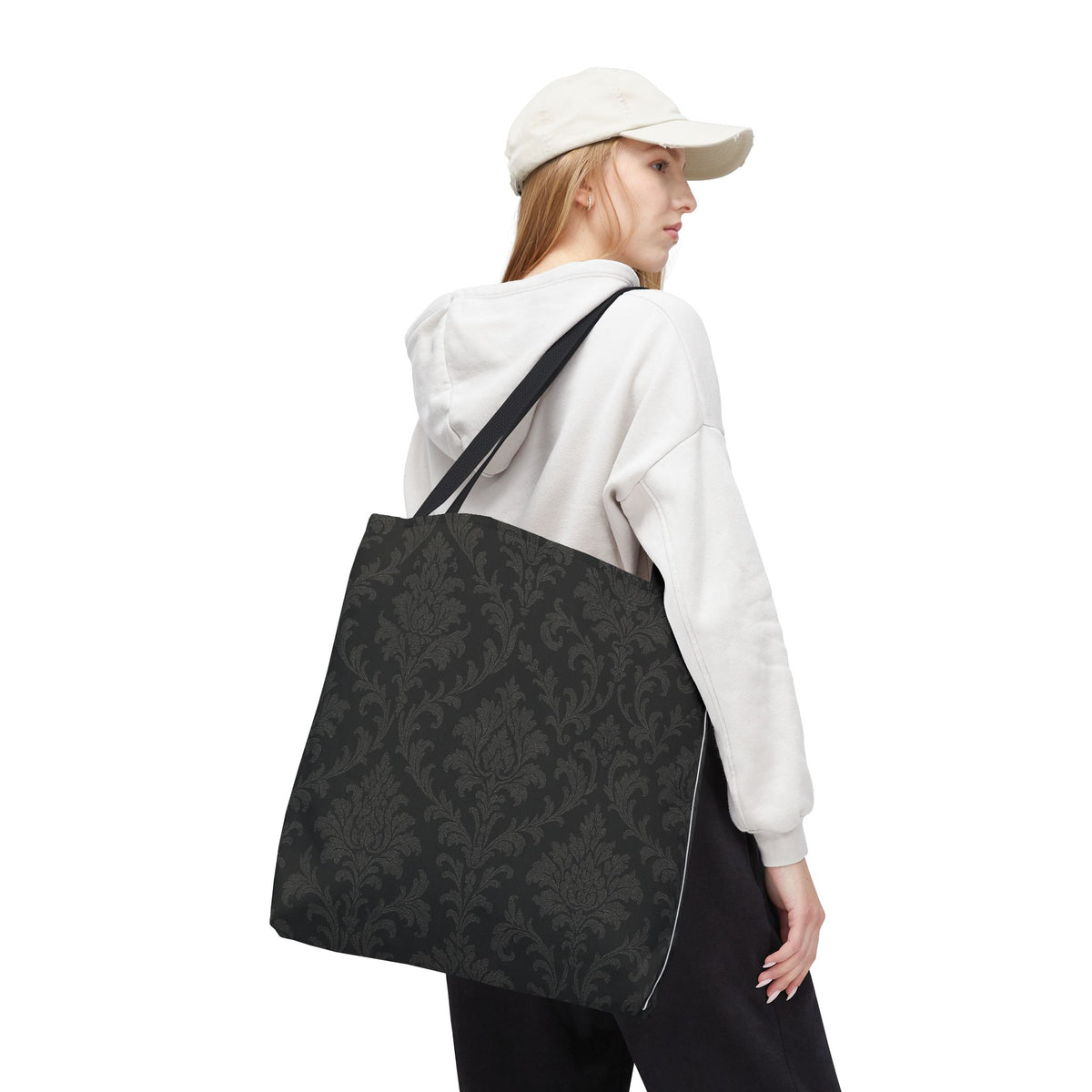 Dark Damask Pattern Tote Bag | Vintage Floral All-Over Print