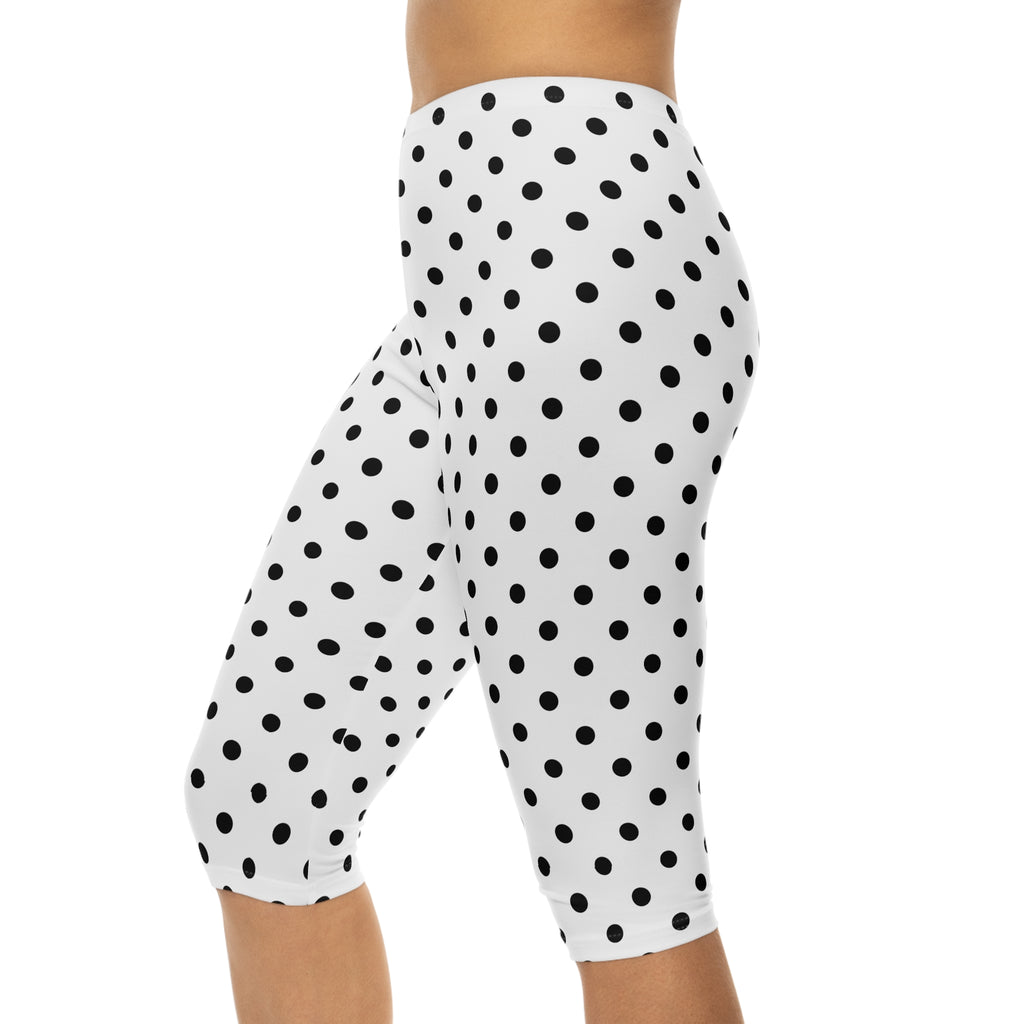 Black Polka Dot Capri Leggings | Women's Capri Leggings AOP