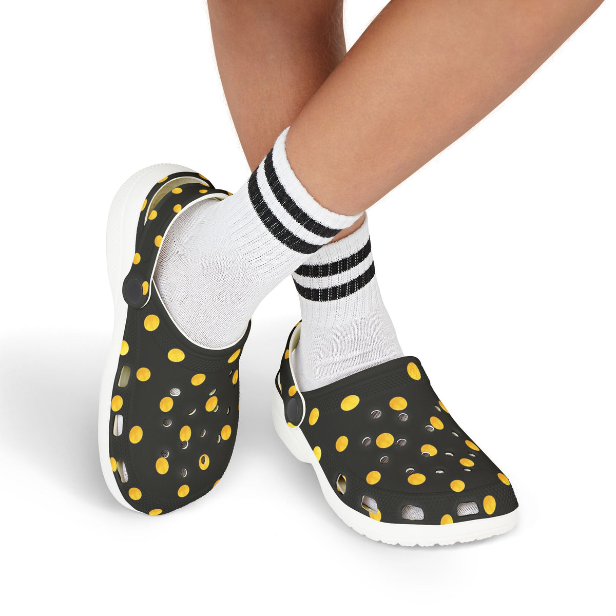 Kids Polka Dot Foam Clogs – Black & Yellow Comfortable Slip-On Shoes