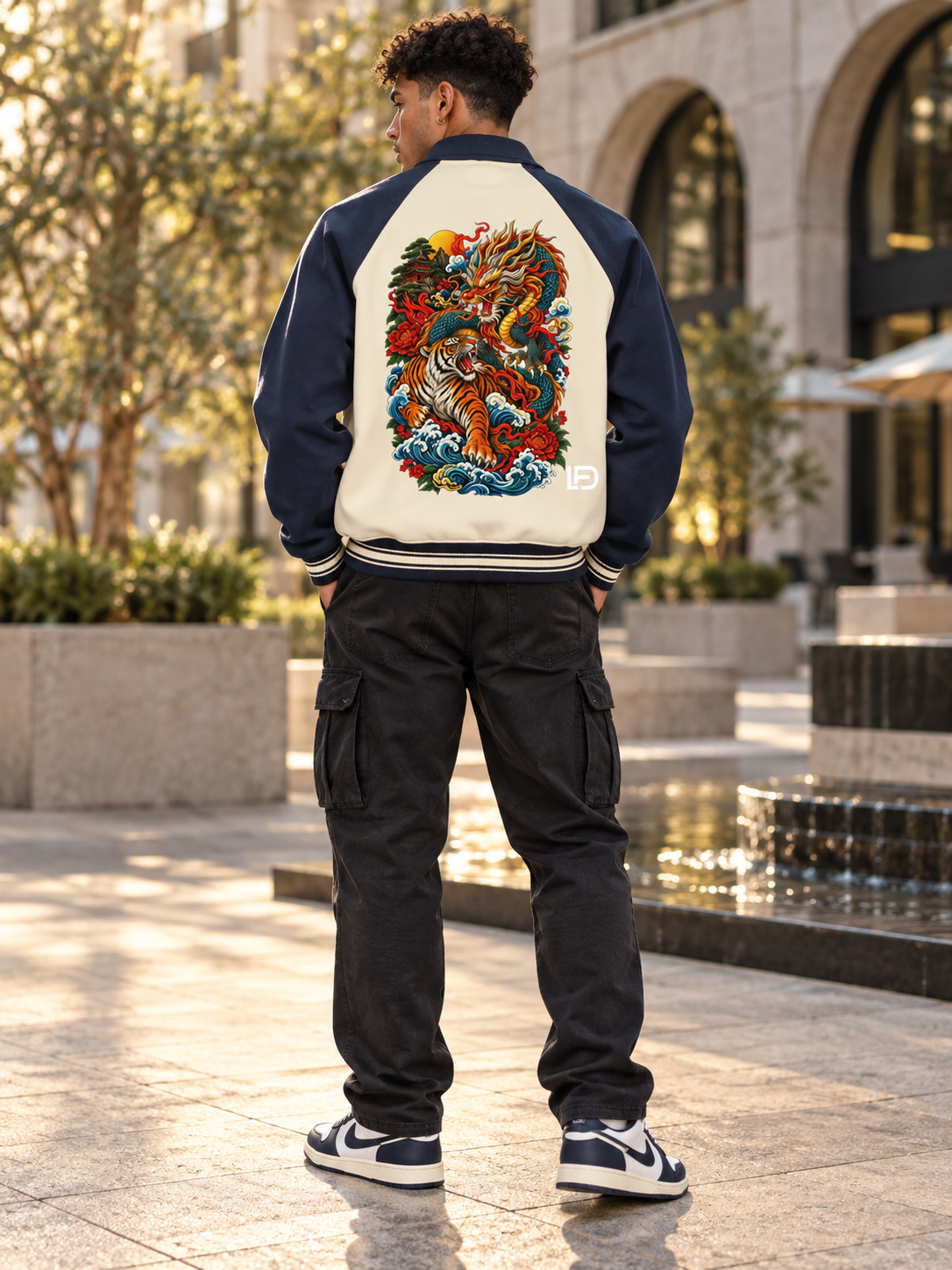 Dragon and Tiger Mythic Clash Contrast Raglan Sleeve Baseball Jacket