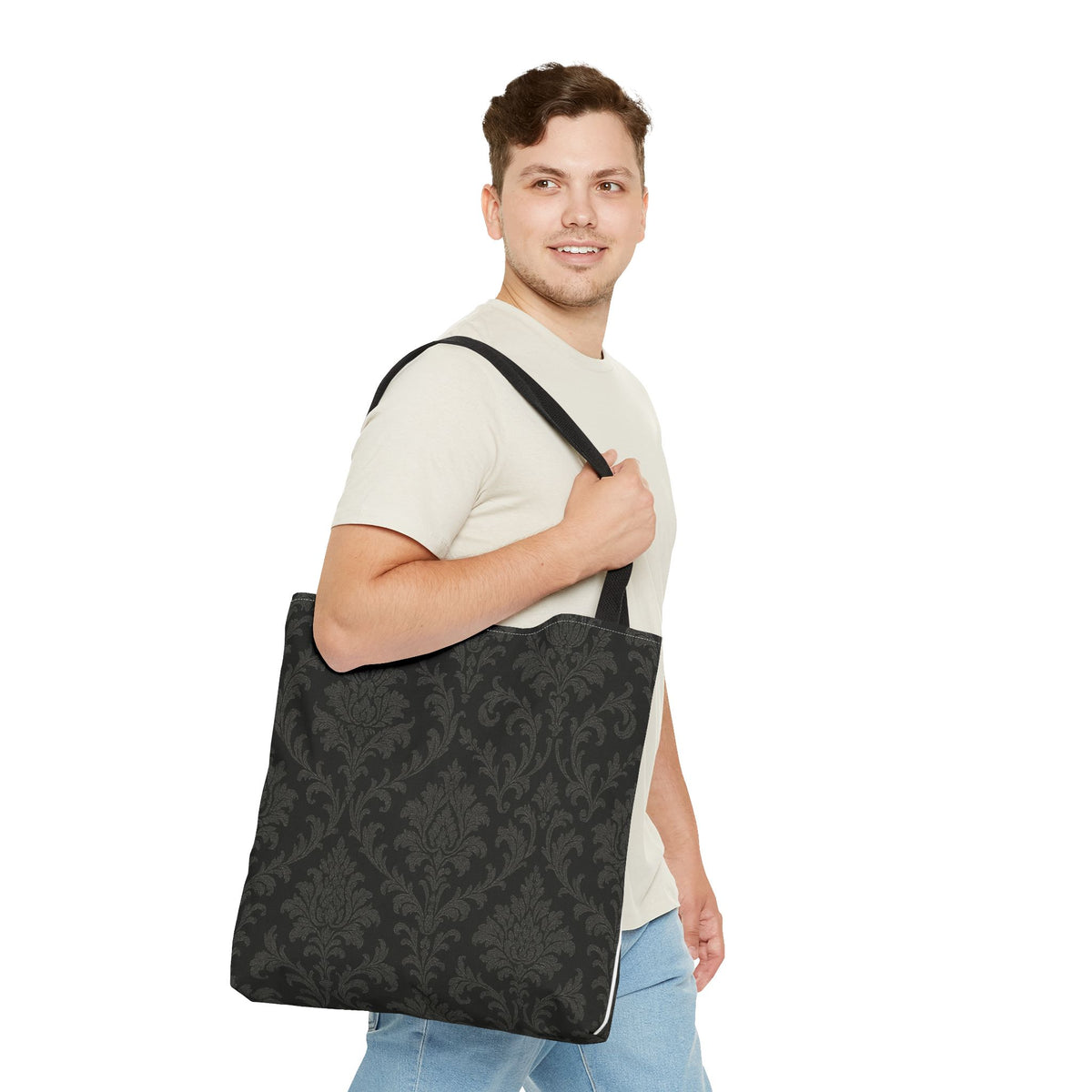 Dark Damask Pattern Tote Bag | Vintage Floral All-Over Print