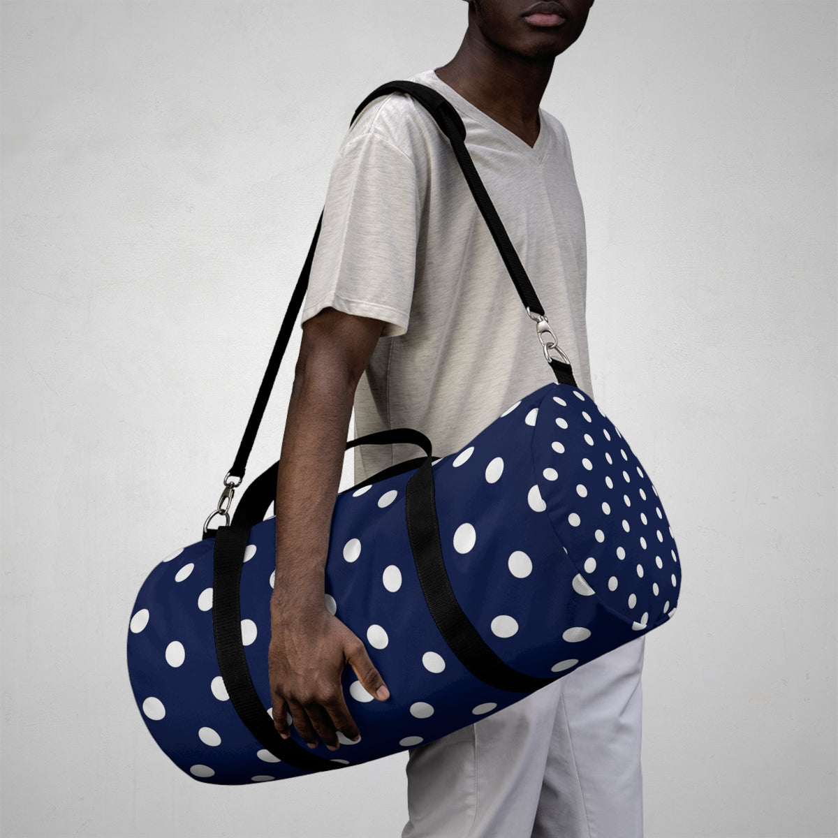 Navy Polka Dot Duffel Bag — Stylish Travel & Gym Tote