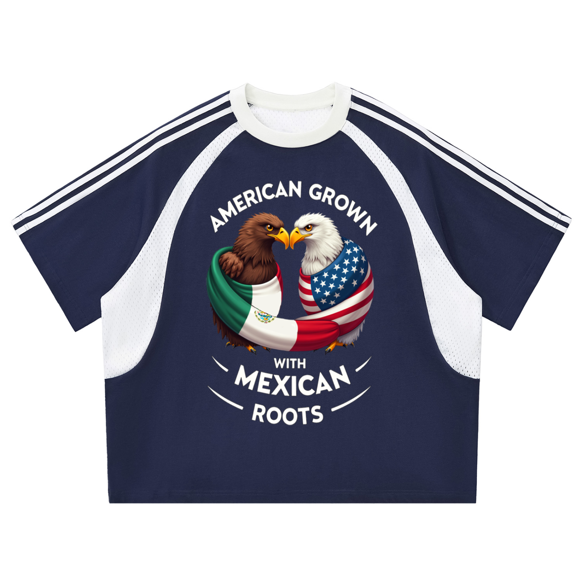American Grown with Mexican Roots Contrast Stripes Panel Mesh T-Shirt
