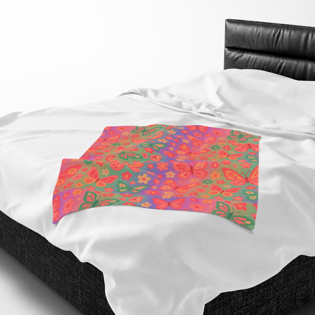 Butterfly Pattern Velveteen Plush Blanket | Pink Orange Floral Throw