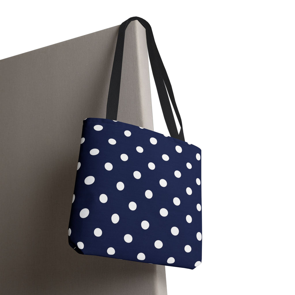 Navy Polka Dot Tote Bag | White Dots All Over Pattern