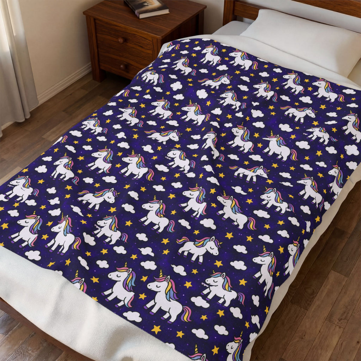 Cute Rainbow Unicorn Pattern Velveteen Plush Blanket | Navy Stars Clouds