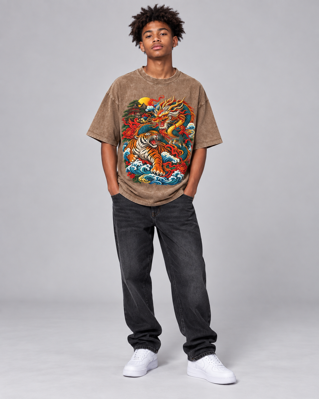 Kids & Teens Dragon and Tiger Mythic Clash – Snow Wash Raw-Hem Boxy T-Shirt