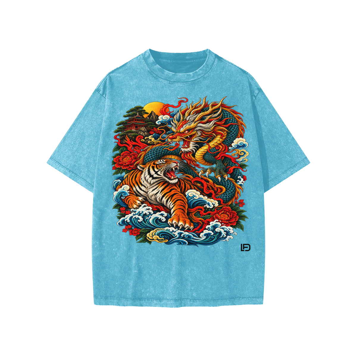 Kids & Teens Dragon and Tiger Mythic Clash – Snow Wash Raw-Hem Boxy T-Shirt