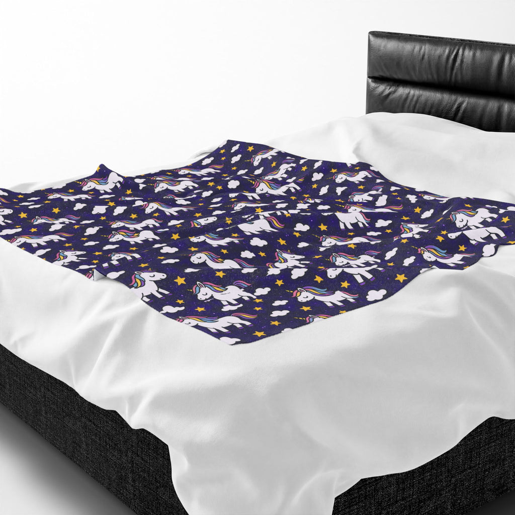 Cute Rainbow Unicorn Pattern Velveteen Plush Blanket | Navy Stars Clouds