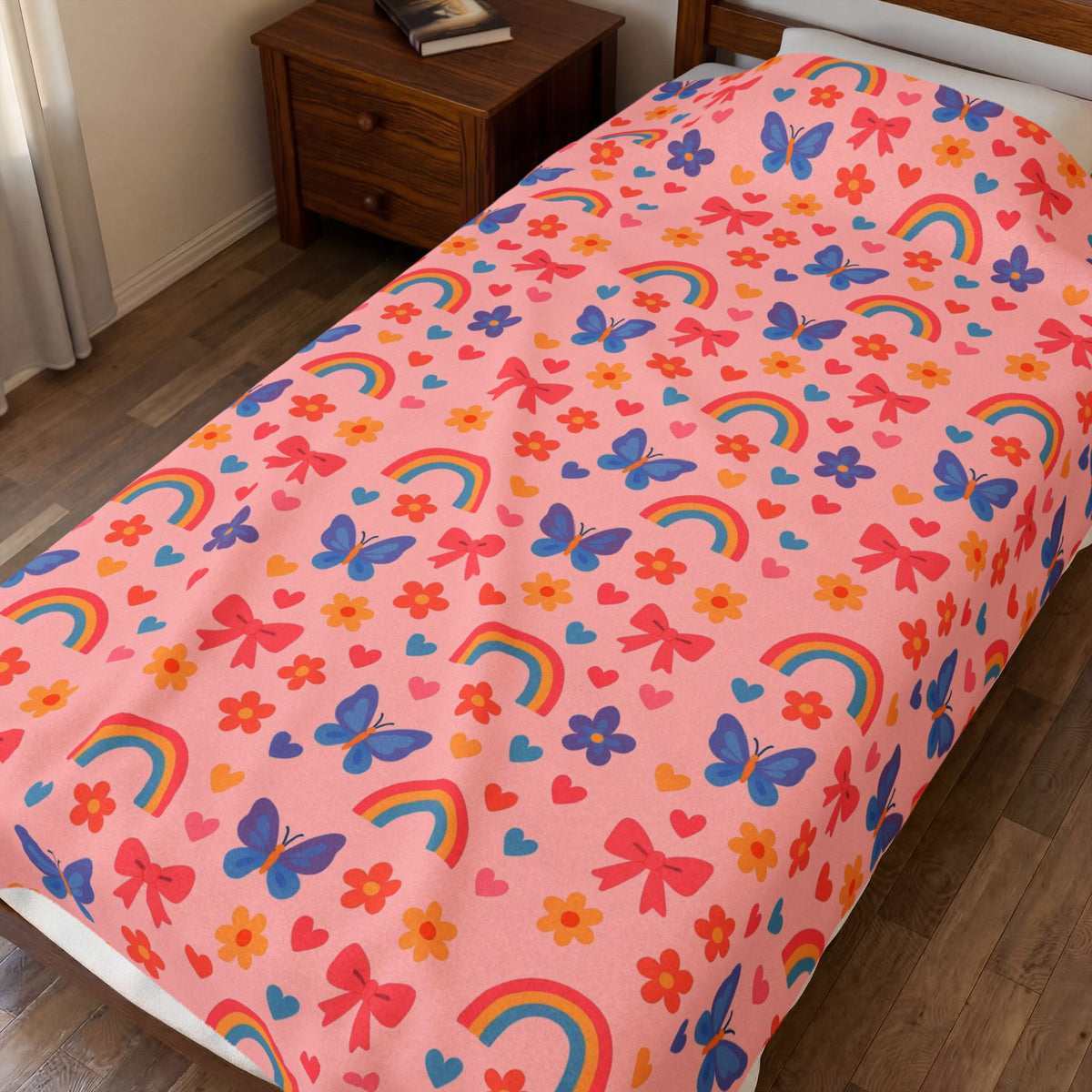 Rainbow and Butterfly Pattern Blanket | Pink Floral Rainbows, Cute Kids Throw