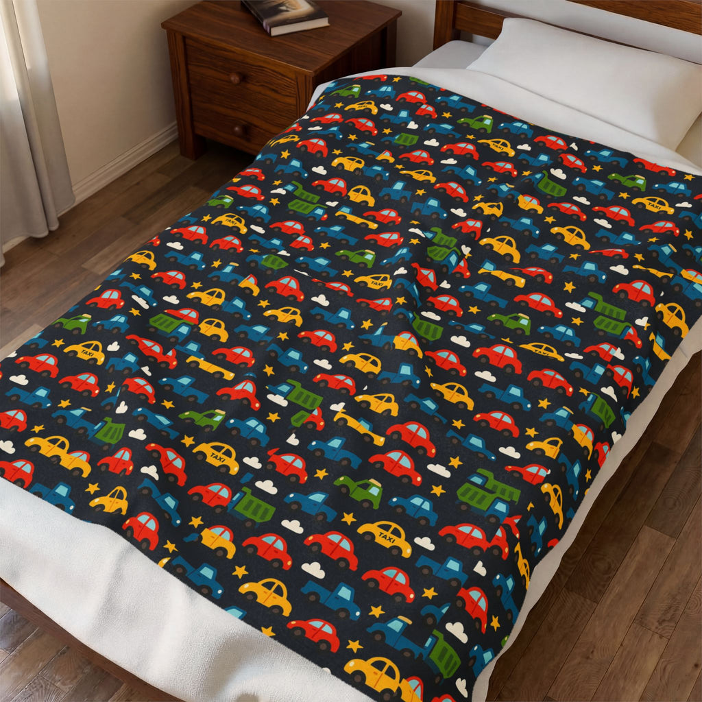 Colorful Cars Pattern Velveteen Plush Blanket | Kids Car Design, Cozy Throw
