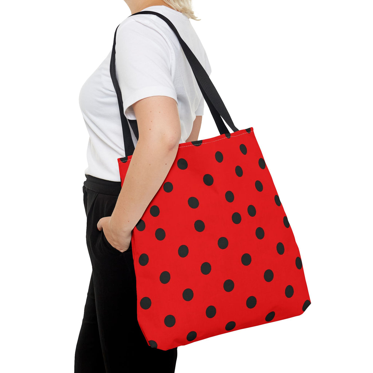 Black Polka Dot on Red Tote Bag