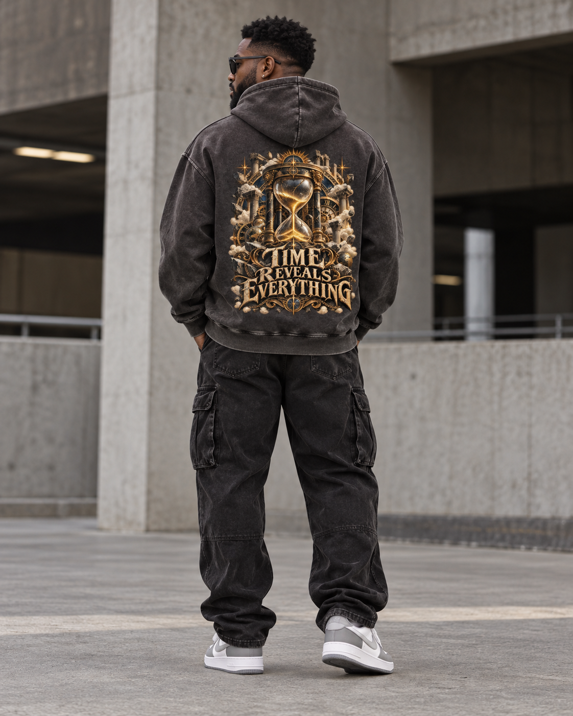 Time Reveals Everything - Snow Washed Loose Cotton Graphic Hoodie