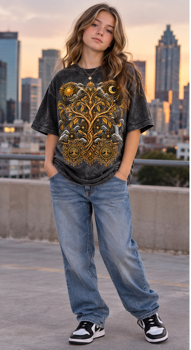 Kids & Teens Unified Celestial Tree Snow Washed Oversized Cotton T-Shirt