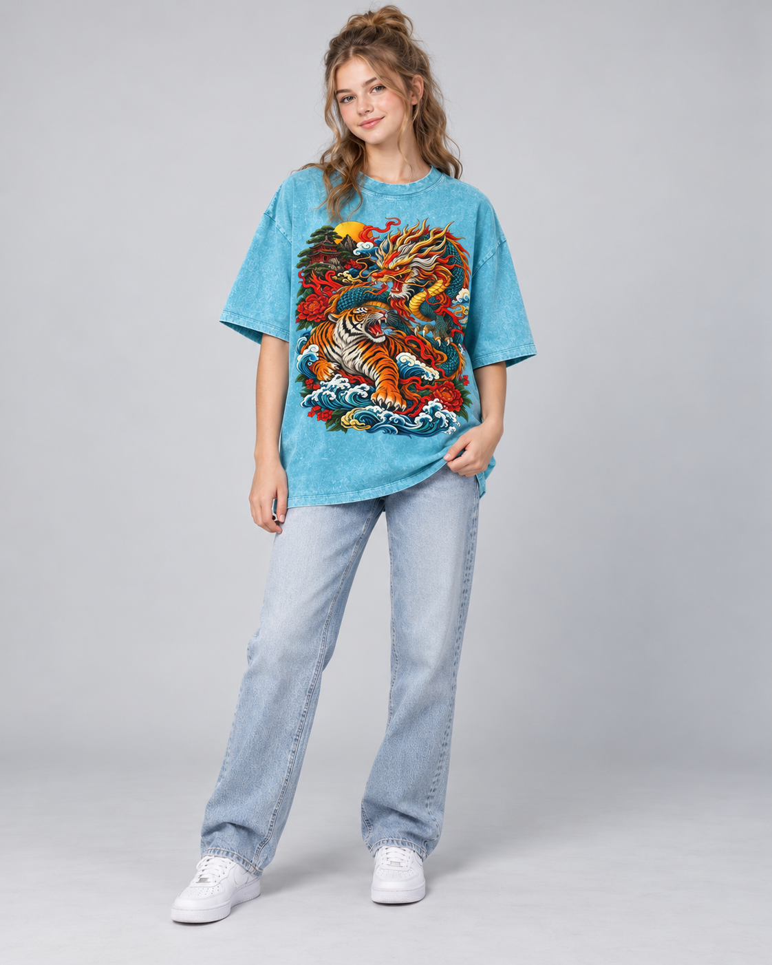 Kids & Teens Dragon and Tiger Mythic Clash – Snow Wash Raw-Hem Boxy T-Shirt
