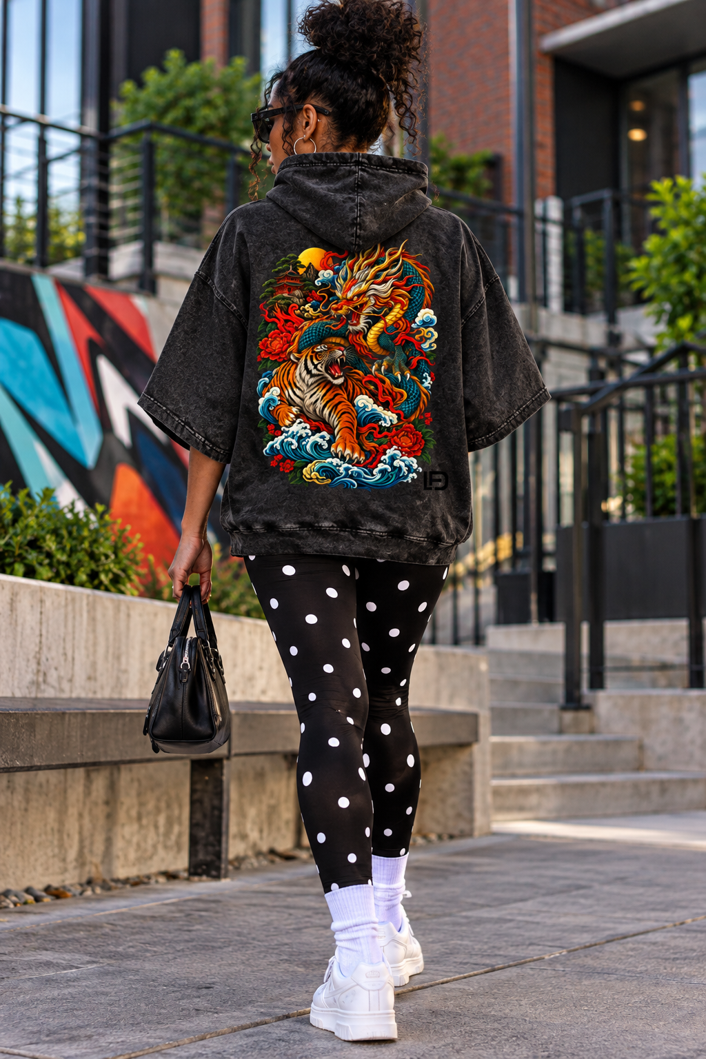 Dragon and Tiger Mythic Clash Snow Washed Hooded Boxy T-Shirt
