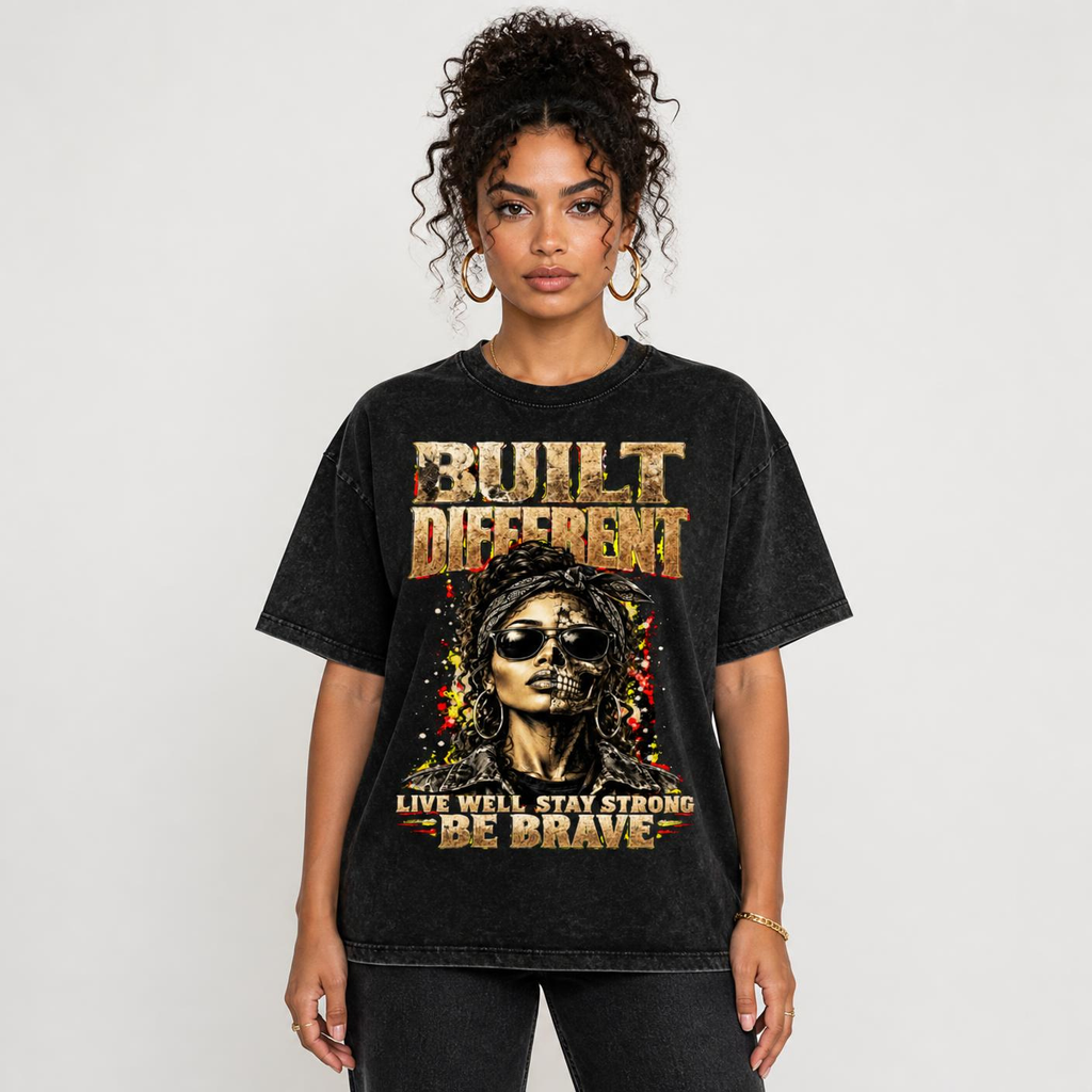 Women’s Built Different: Live Well, Stay Strong, Be Brave Snow Washed Oversized Cotton T-Shirt