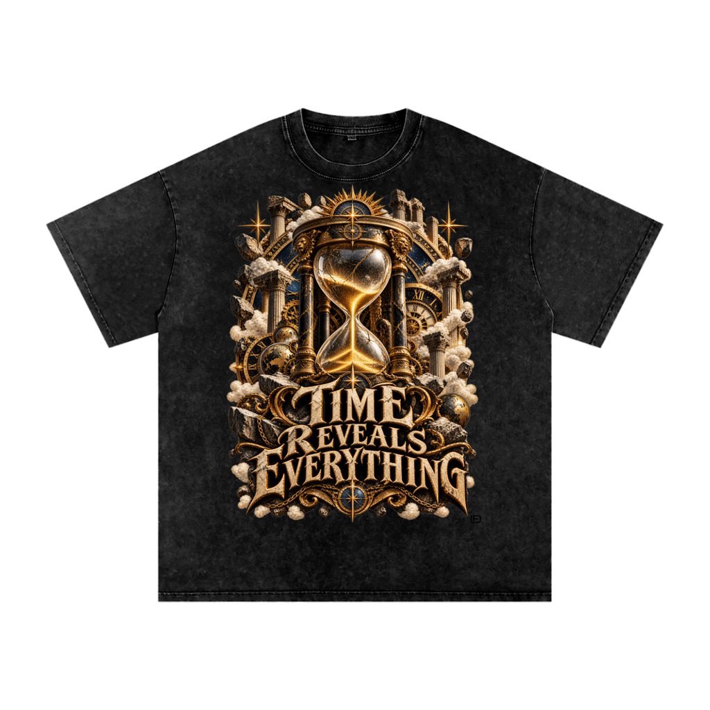 Time Reveals Everything - Snow Washed Oversized Cotton Graphic T-Shirt