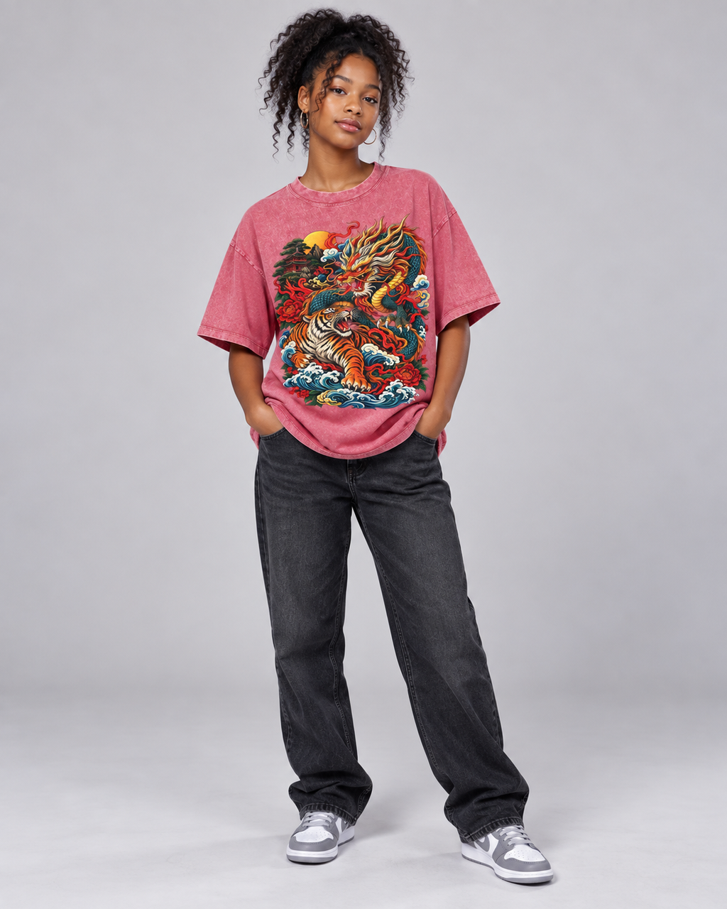Kids & Teens Dragon and Tiger Mythic Clash – Snow Wash Raw-Hem Boxy T-Shirt