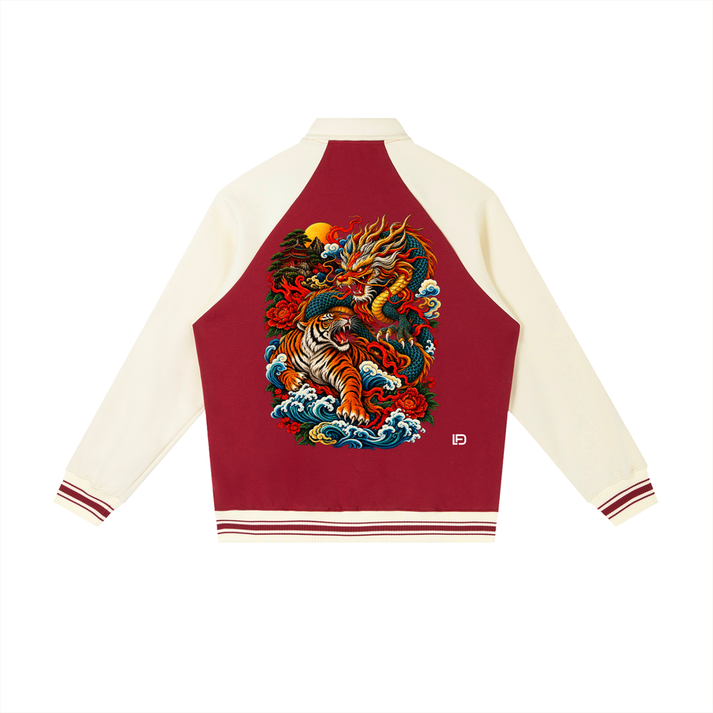 Dragon and Tiger Mythic Clash Contrast Raglan Sleeve Baseball Jacket