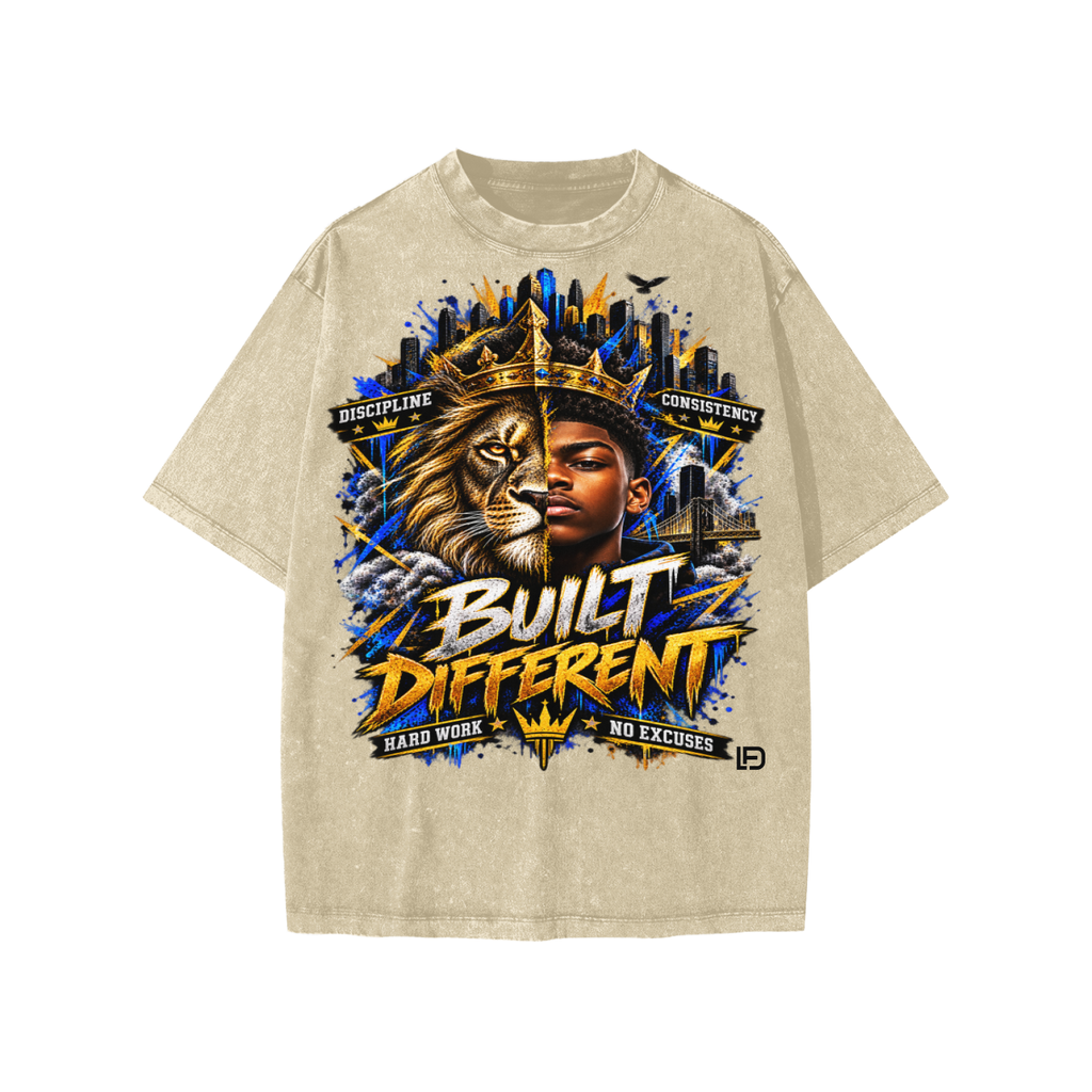 Kids & Teens Built Different: Crowned Duality Snow Washed Oversized Cotton T-Shirt
